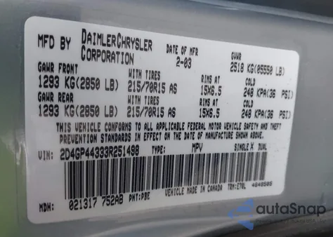 2003 Dodge Grand Caravan Sport z USA, uszkodzony, nr VIN 2D4GP44333R251498